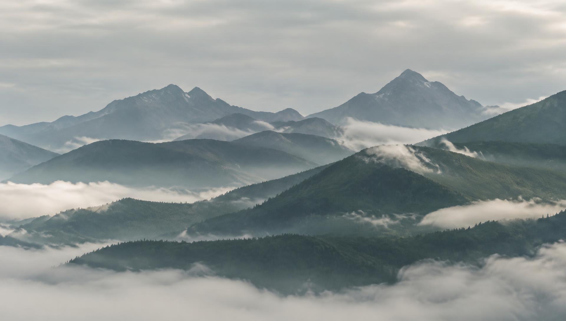 Mountain ridges emerging from low cloud