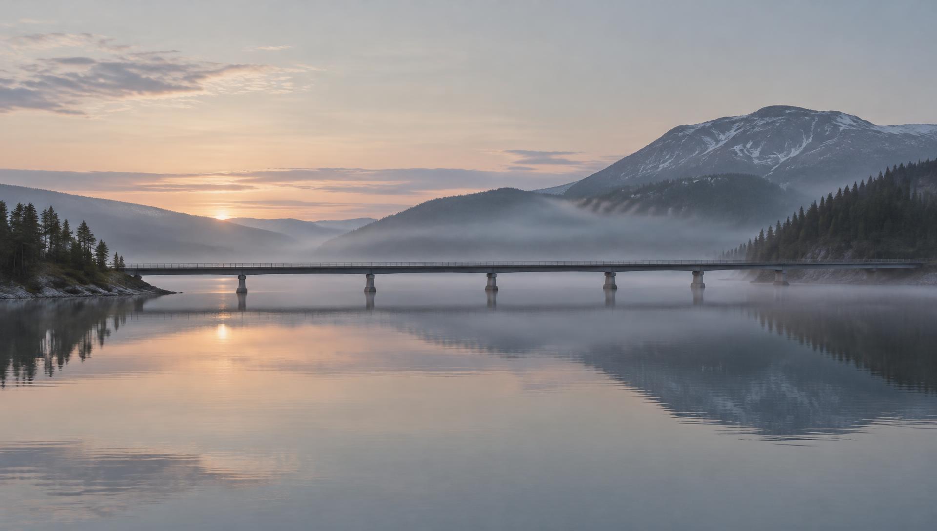 A long bridge across still water at dawn